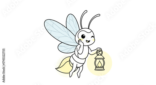 A cute cartoon firefly holding a lantern emitting a soft glow in the dark.