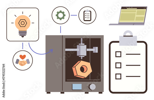 3D printer creating geometric object, linked with idea, process, checklist, gear, and collaboration icons. Ideal for technology, innovation, design workflow prototyping teamwork modern