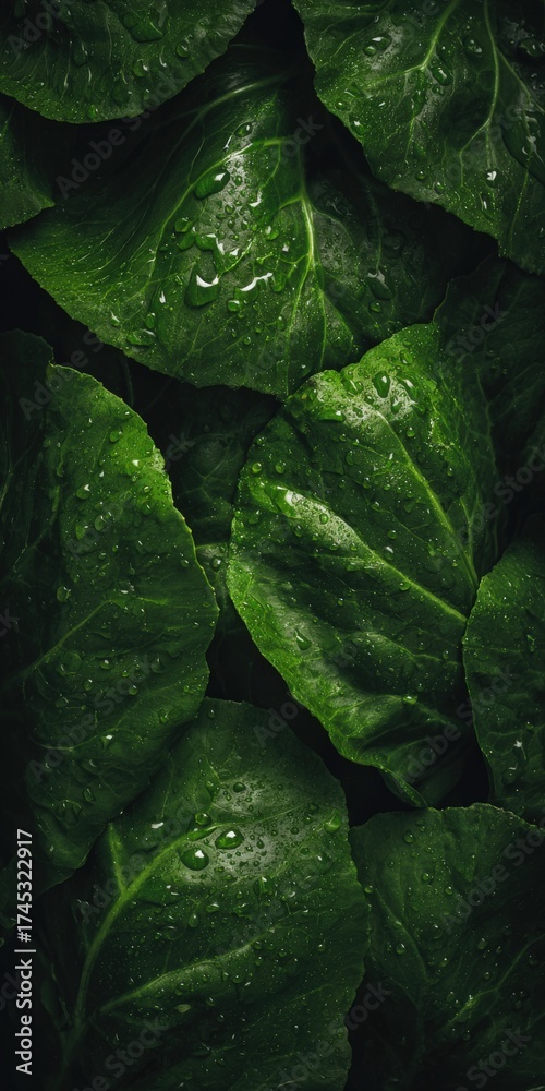 Fototapeta premium Fresh green vegetable leaves displaying water drops