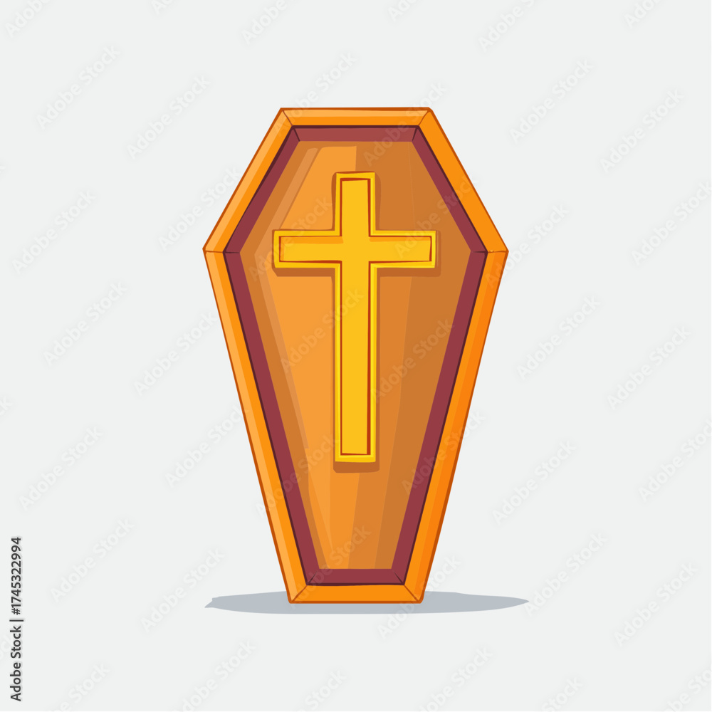 Obraz premium A cartoon illustration of a wooden coffin with a golden cross.