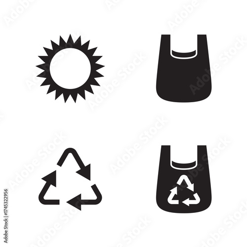 Sun and Plastic Bag Recycling Solid Icon Set