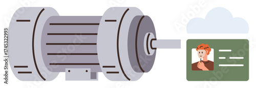 Industrial electric motor alongside a personal ID card linked to cloud service. Ideal for energy tech, industrial systems, identity management, automation, manufacturing, clean power, IoT. Flat