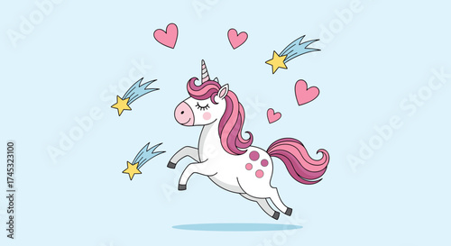 A charming white unicorn with pink spots gallops through a sky filled with shooting stars and hearts.