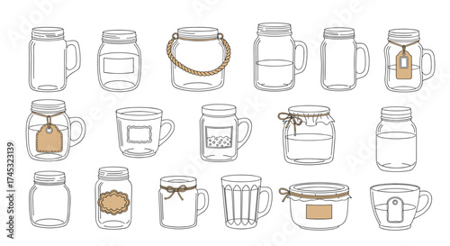Collection of various empty glass jars and containers with decorative elements like tags and twine for food preservation and storage.