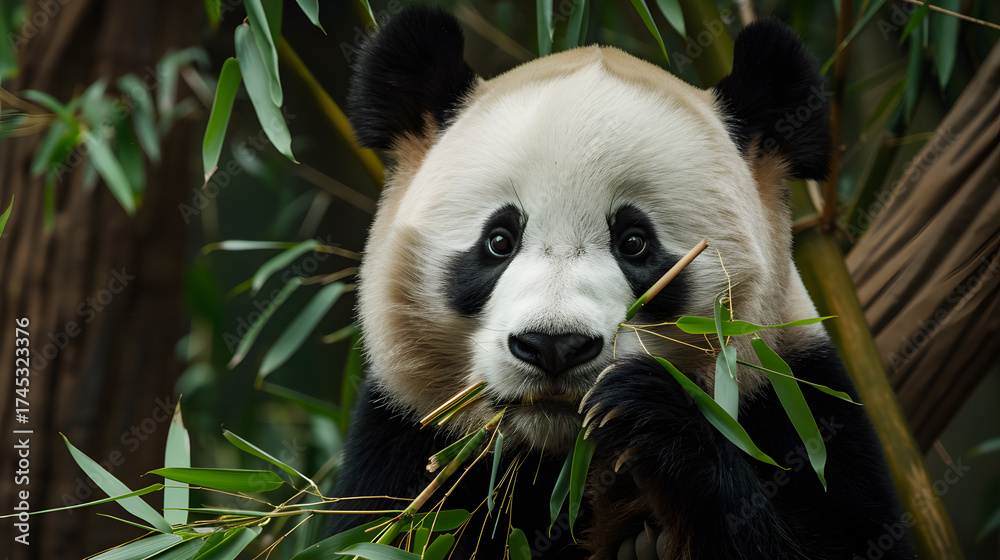 Obraz premium Giant Pandas Feeding in Bamboo Forest: Black-and-White Bears Chewing Fresh Bamboo Shoots, Tender Leaves & Stalks—Lazy, Cute Foraging Behavior in Dense Bamboo Groves of Sichuan/Wolong National Nature R