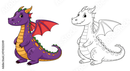 A cute purple dragon with red wings and a coloring page version of the dragon.