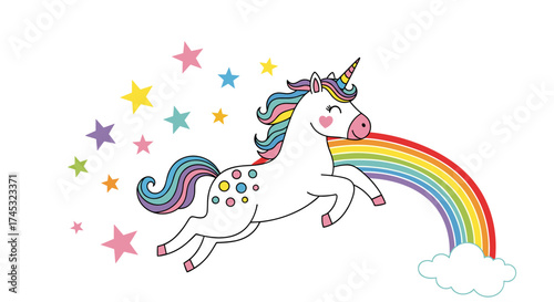 A majestic unicorn prances through a starry sky leaving a rainbow trail behind.