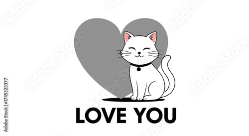 A cute white cat with a heart behind it says love you.