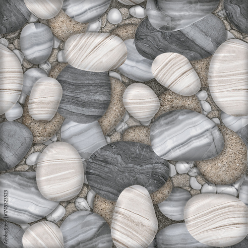 Close up of smooth, wet pebbles on a beach.