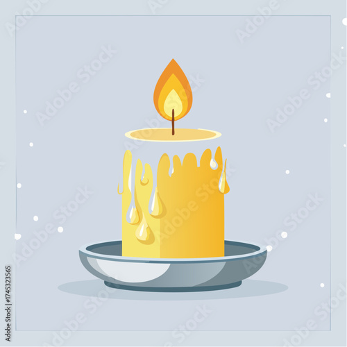 A stylized illustration of a lit candle with melting wax, resting on a dish.