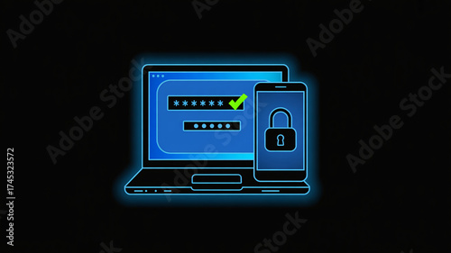 Digital security concept laptop screen displaying password entry with a checkmark and a smartphone with a padlock icon, symbolizing secure login and data protection