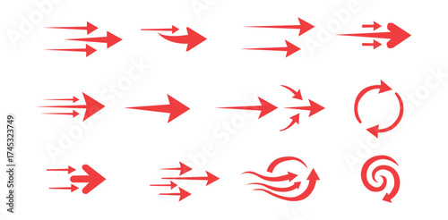 Dynamic Red Arrows Set Vectors Directional Icons Graphic Elements Motion Lines Rotation Swirl Navigation Web Design