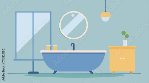 A bathroom design featuring a freestanding tub a minimalist vanity with a vessel sink and a large mirror reflecting soft natural light.