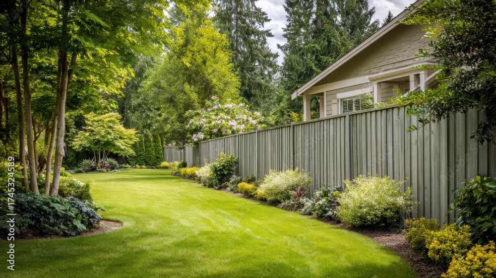 Naklejka premium Stunning photo of lush backyard with green lawn, fence, trees and well maintained garden area.