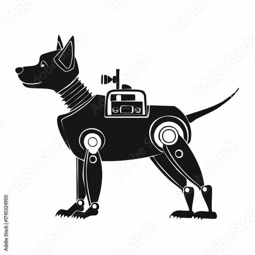 A black and white illustration of a robotic dog with visible joints and mechanical components.
