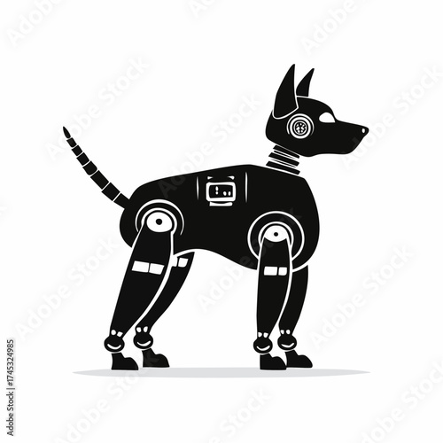 A black silhouette of a robotic dog standing on a white background.