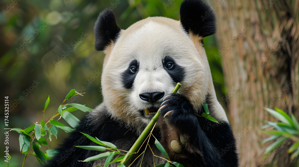 Fototapeta premium Giant Pandas Feeding in Bamboo Forest: Black-and-White Bears Chewing Fresh Bamboo Shoots, Tender Leaves & Stalks—Lazy, Cute Foraging Behavior in Dense Bamboo Groves of Sichuan/Wolong National Nature R