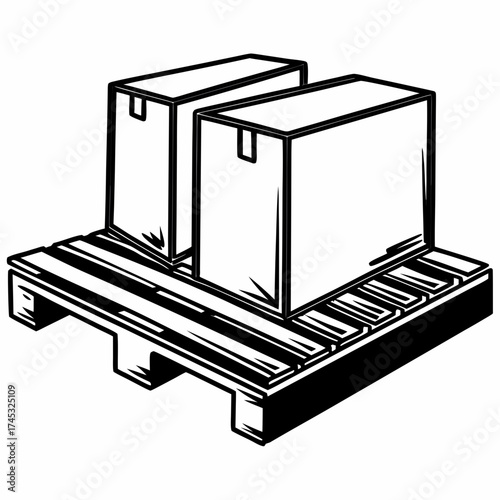 Pallet with two boxes in simple black and white line drawing  