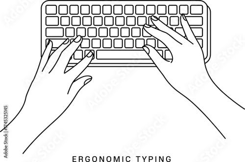 Ergonomic typing line art illustration of hands on keyboard, minimalist design concept for workplace posture, computer productivity, and office ergonomics