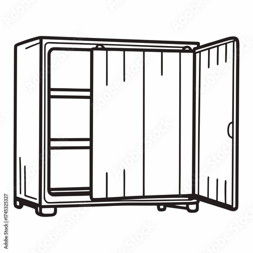 Outline of an open kitchen refrigerator with shelves and doors  