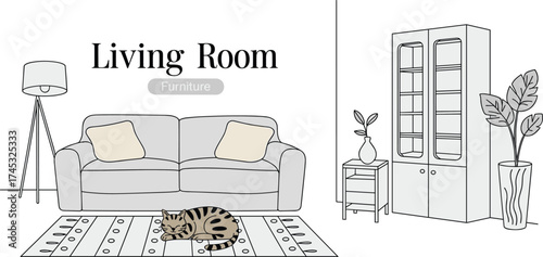 Modern living room interior line art with furniture, sofa, lamp, sleeping cat, bookshelf, home decor minimalist design illustration