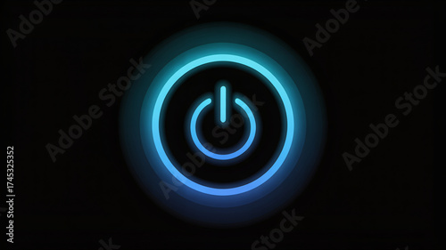 A glowing blue power button symbol on a dark background, representing technology, energy, and the start or stop of a device