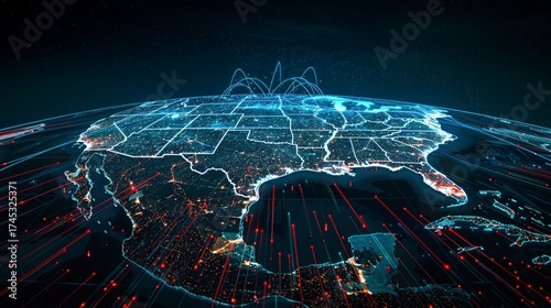 Global network connections light up United States, showing digital future