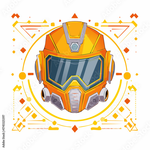 Illustration of a futuristic yellow helmet with geometric shapes in the background.