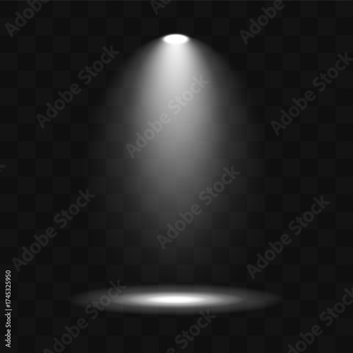 Bright illuminated stage with multiple spotlights and searchlight reflections. Abstract studio background featuring realistic lamps, light sources, and shining beams in chequered pattern