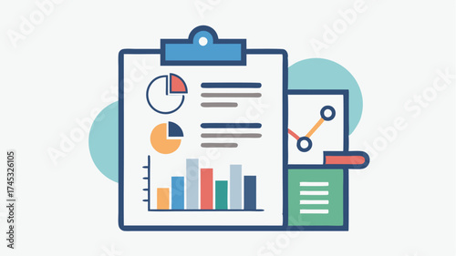 A clipboard with analytical graphs and charts representing data analysis and performance tracking in marketing.