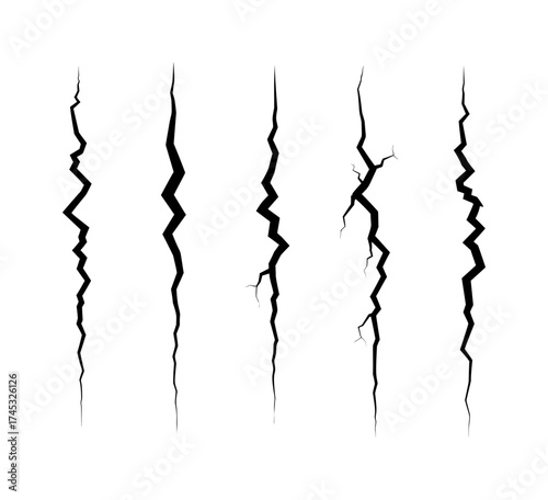 Set of crack vectors black and white illustration of damage isolated on white background