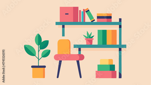 A charming setup in a small apartment featuring a foldable desk a wallmounted shelf with plant decor and a vibrant colorful chair.