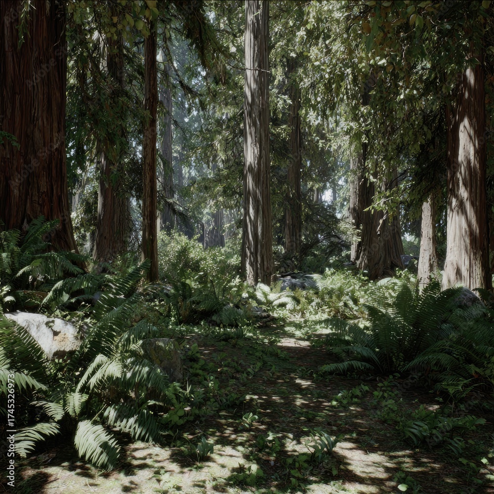 Fototapeta premium Sunlit forest path with ferns and towering redwood trees
