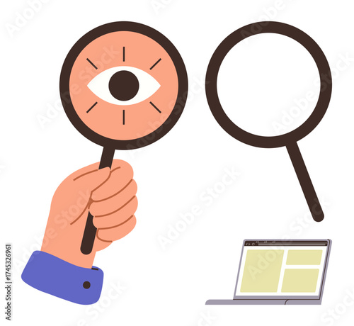 Hand with magnifier showing eye symbol, simple magnifier, laptop screen display. Ideal for search, research, observation, investigation, focus vision technology. Minimal simple flat metaphor