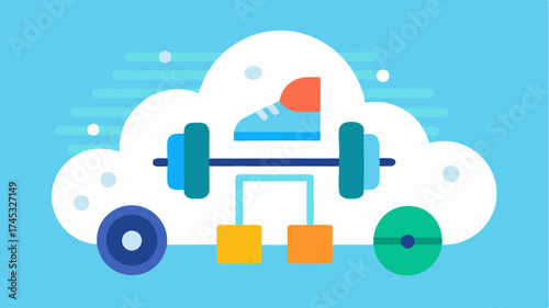 A cloud icon surrounded by various fitness elements like dumbbells shoes and exercise mats representing fitness data storage.