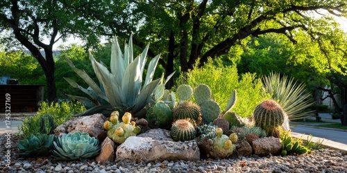 Cactus garden, rocks, succulents, trees, and bright lighting