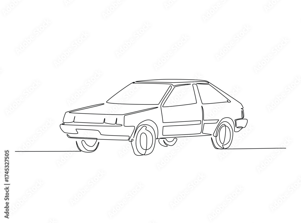 Fototapeta premium Retro car in single outline illustration. Continuous line art drawing of old car in the road. Editable stroke.