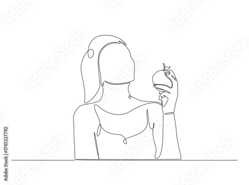 Woman eating fresh fruit in single outline illustration. Continuous line art drawing of woman enjoying fresh apple, vegan concept. Editable stroke.