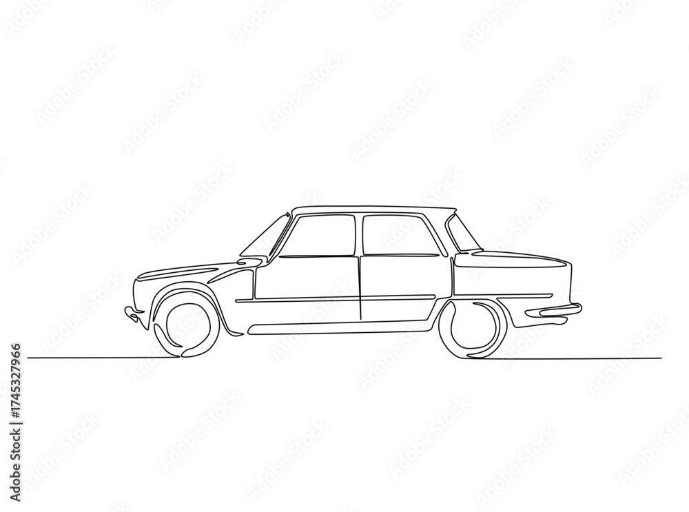 Naklejka premium Retro car in single outline illustration. Continuous line art drawing of old car in the road. Editable stroke.