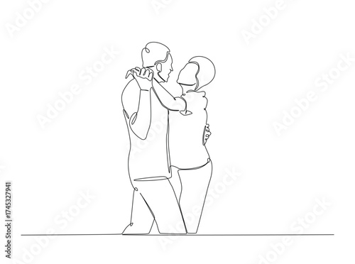 Rimantic couple dancing in single outline illustration. Continuous line art drawing of Happy couple dancing. Editable stroke.