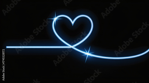 A glowing blue neon heart shape formed by a continuous line with sparkling highlights on a black background, symbolizing love and romance