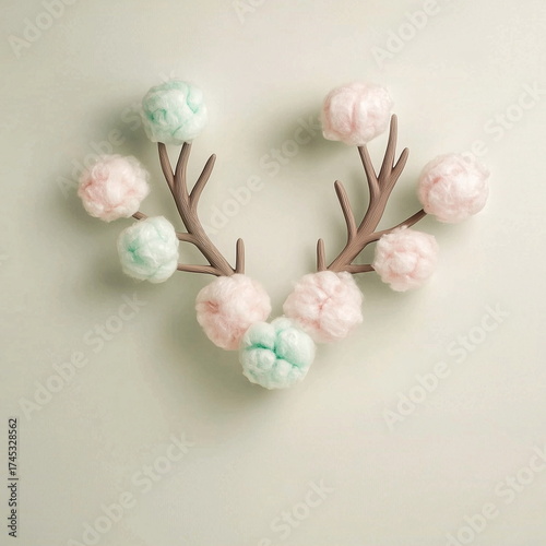 Christmas reindeer antlers with cotton candy ornaments on neutral pastel background