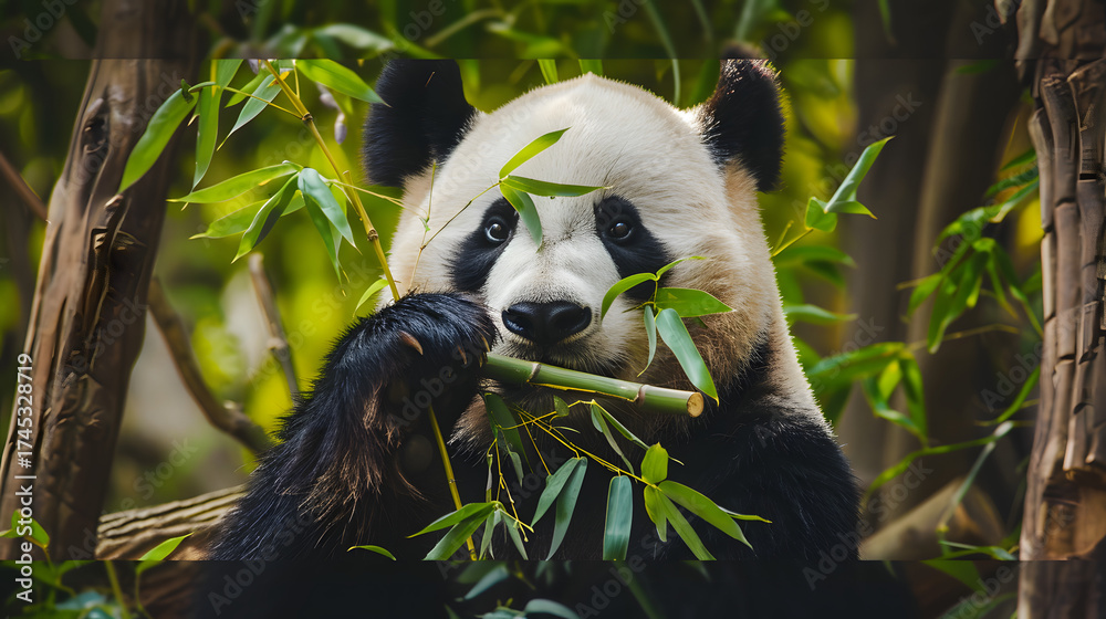Fototapeta premium Giant Pandas Feeding in Bamboo Forest: Black-and-White Bears Chewing Fresh Bamboo Shoots, Tender Leaves & Stalks—Lazy, Cute Foraging Behavior in Dense Bamboo Groves of Sichuan/Wolong National Nature R