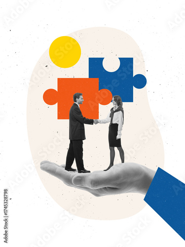 Creative digital artwork. Business handshake supported by large hand and puzzle pieces symbolizing trust. Concept of partnership, support, and reliability for banking, and teamwork communication.