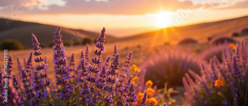 Lavender fields bloom under vibrant sunset, creating serene landscape filled with purple hues and warm sunlight
