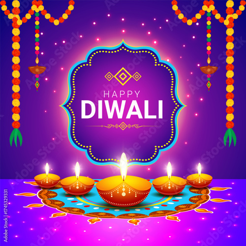 Vector illustration of Happy Diwali greeting social media template with beautiful diya