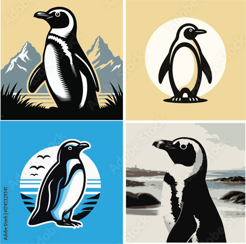 Cute cartoon penguins on the beach illustration