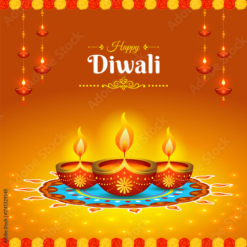 Vector illustration of Happy Diwali greeting social media template with beautiful diya