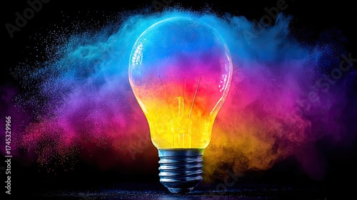 Creative light bulb with colorful explosion concept. A vibrant light bulb illuminated with colorful smoke effects.