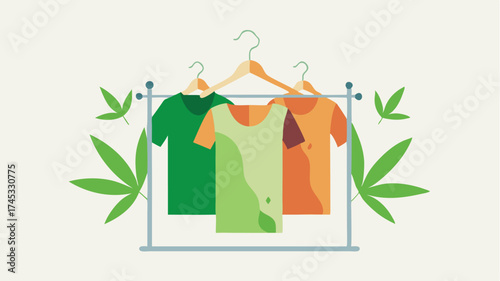 A clothing rack displaying garments made from hemp with leaves and flowers integrated into the design emphasizing the use of renewable resources.
